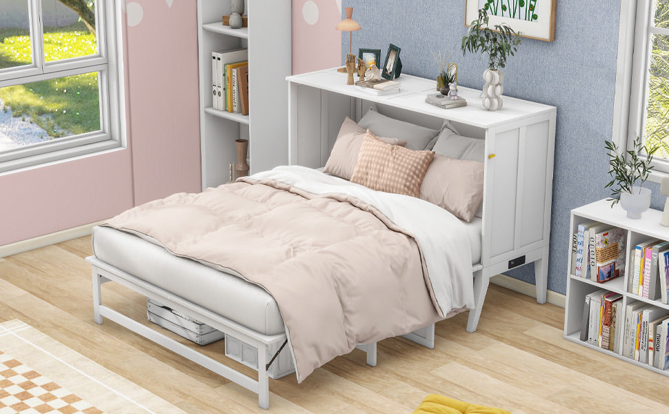 Queen Size Murphy Bed with Built-In Charging Station and a Shelf White