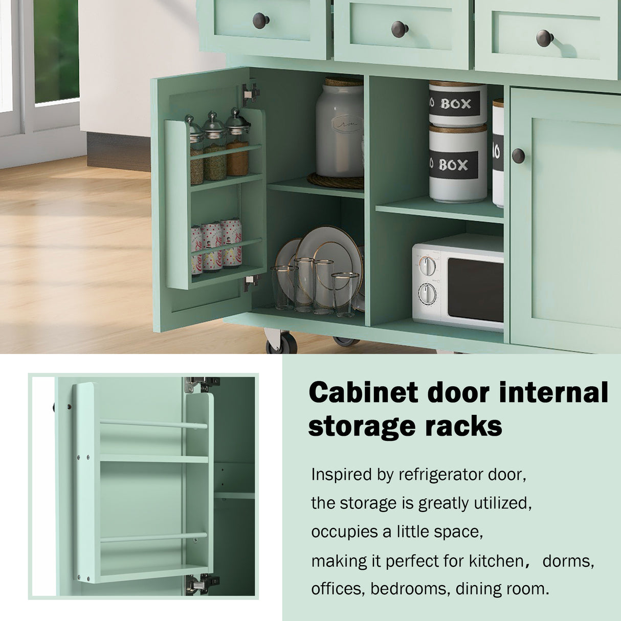 Kitchen trolley, cabinet door internal storage rack with storage cabinet and 3 dining room drawers, mint green - V.I.P Digital Presence