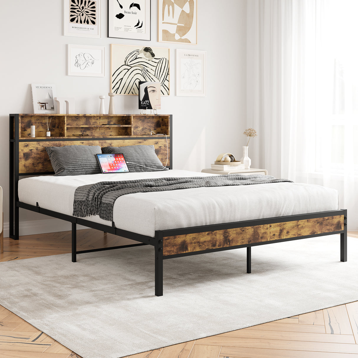 Queen Bed Frame with Storage Headboard Metal Platform Bed with Charging Station Bookcase Storage Black - V.I.P Digital Presence