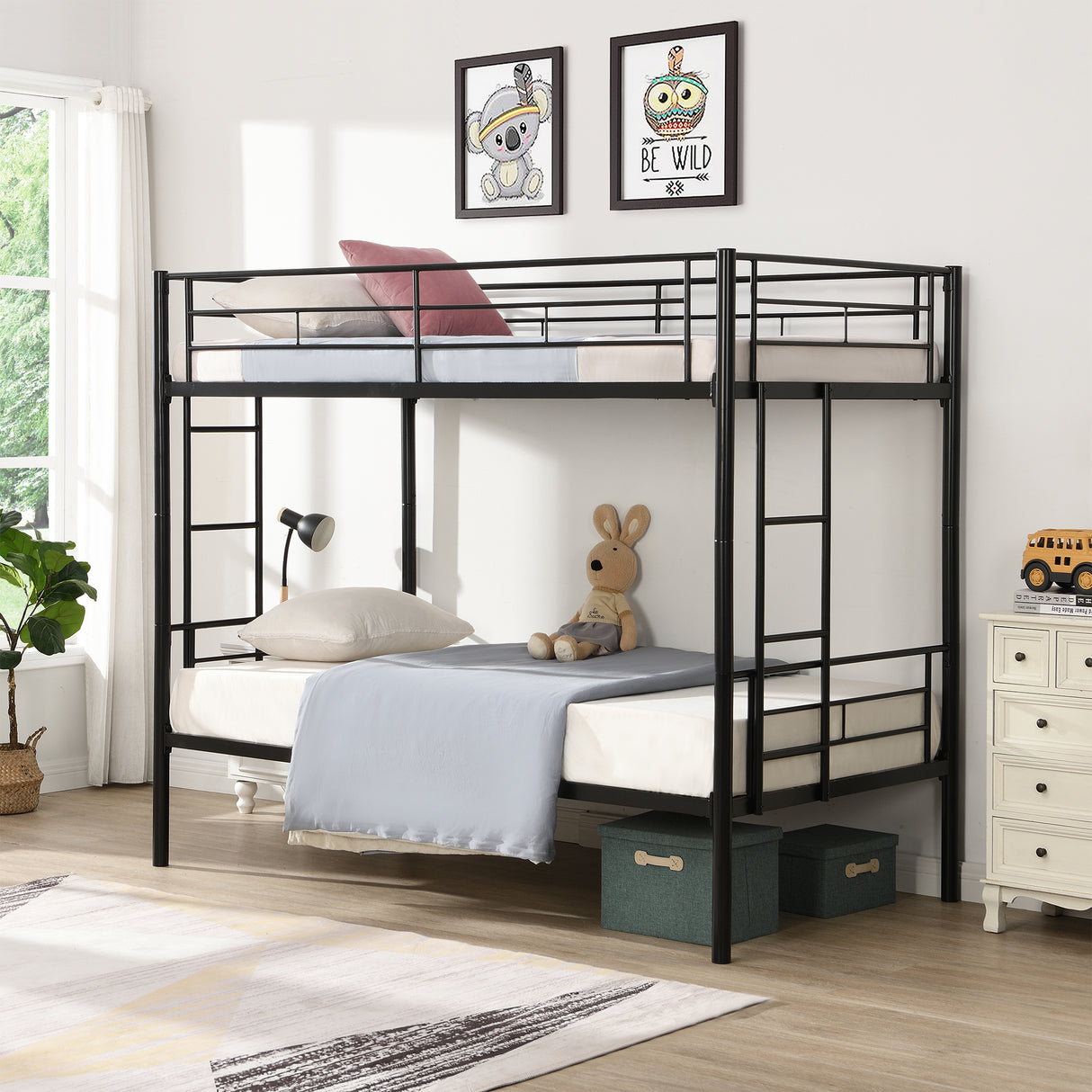 Double decker bed, size above twin bed, with 2 ladders and full-length guardrail, metal, storage space, black - V.I.P Digital Presence