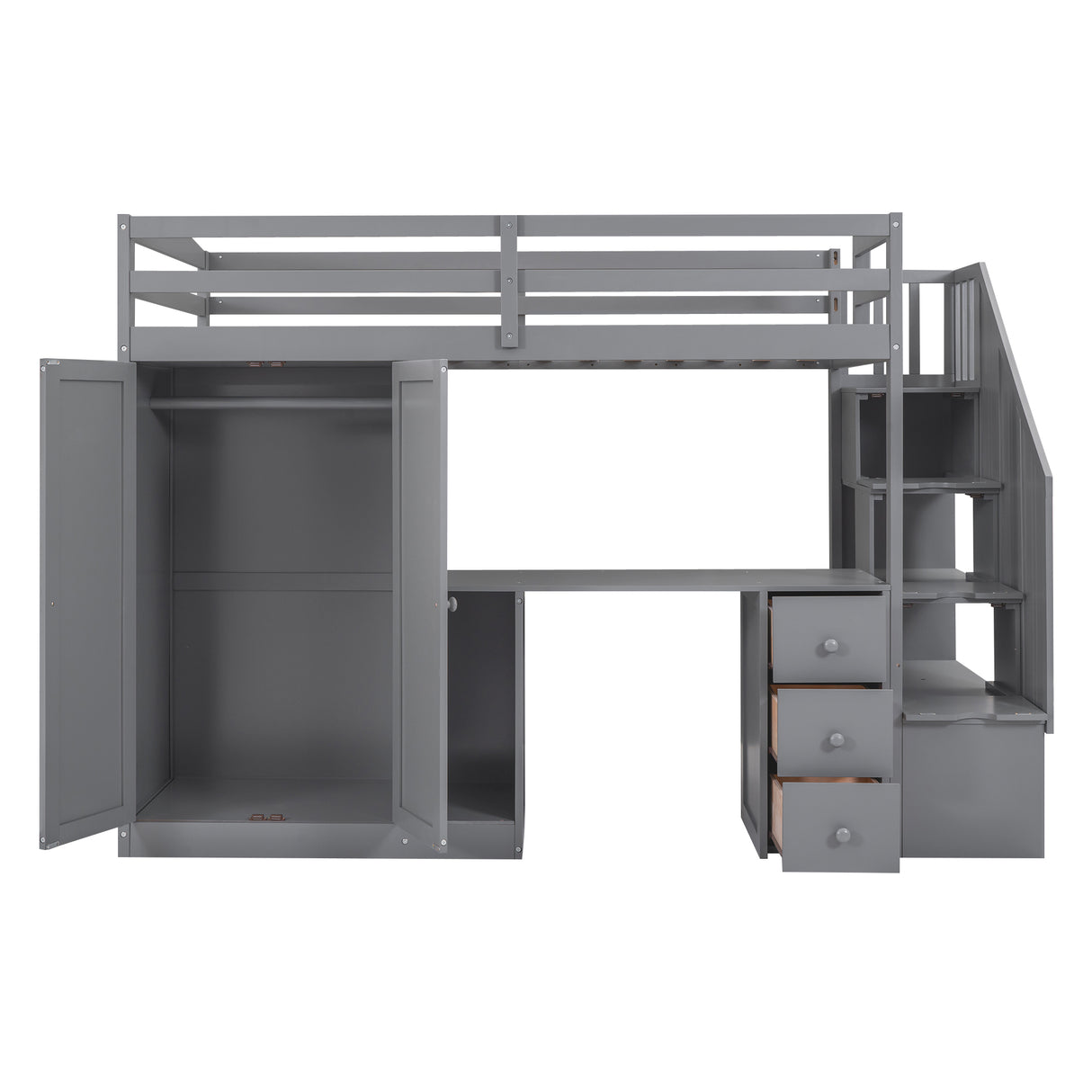 Twin Size Loft Bed with Wardrobe and Staircase Desk and Storage Drawers and Cabinet in 1 Gray