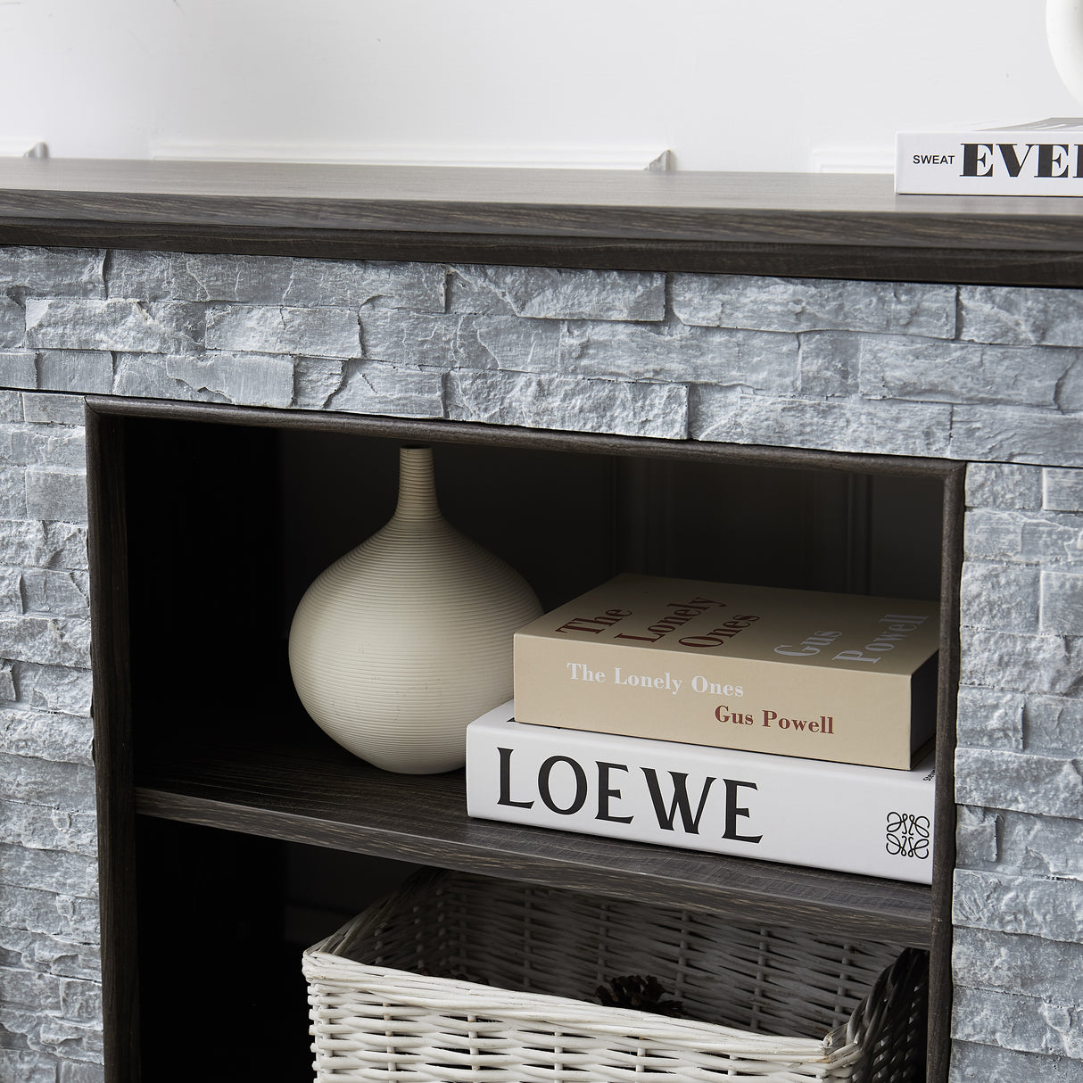 Mantel Stone modern entertainment console, manually stacked stone surrounds open storage space, gray - V.I.P Digital Presence