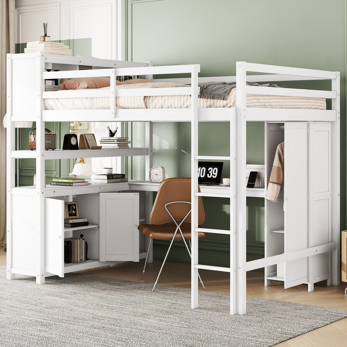 Wood Loft Bed with Cabinet and Bookshelf, Full Size Loft with Wardrobe and Desk for Kids,White - V.I.P Digital Presence