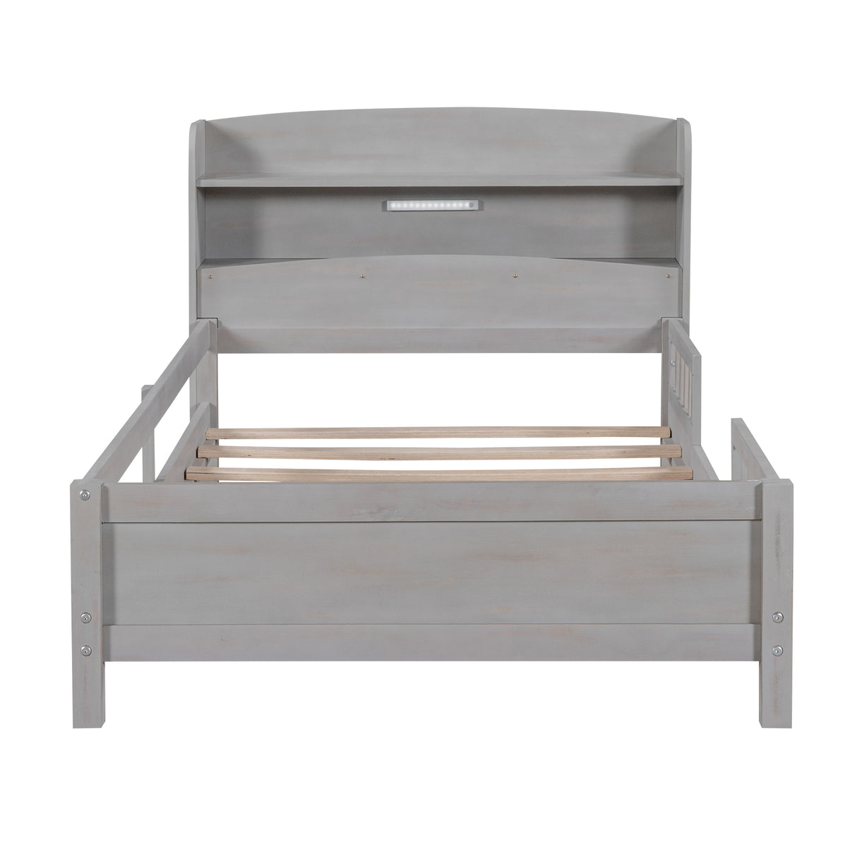 Wood Twin Size Platform Bed with Built-in LED Light Storage Headboard and Guardrail Antique Grey