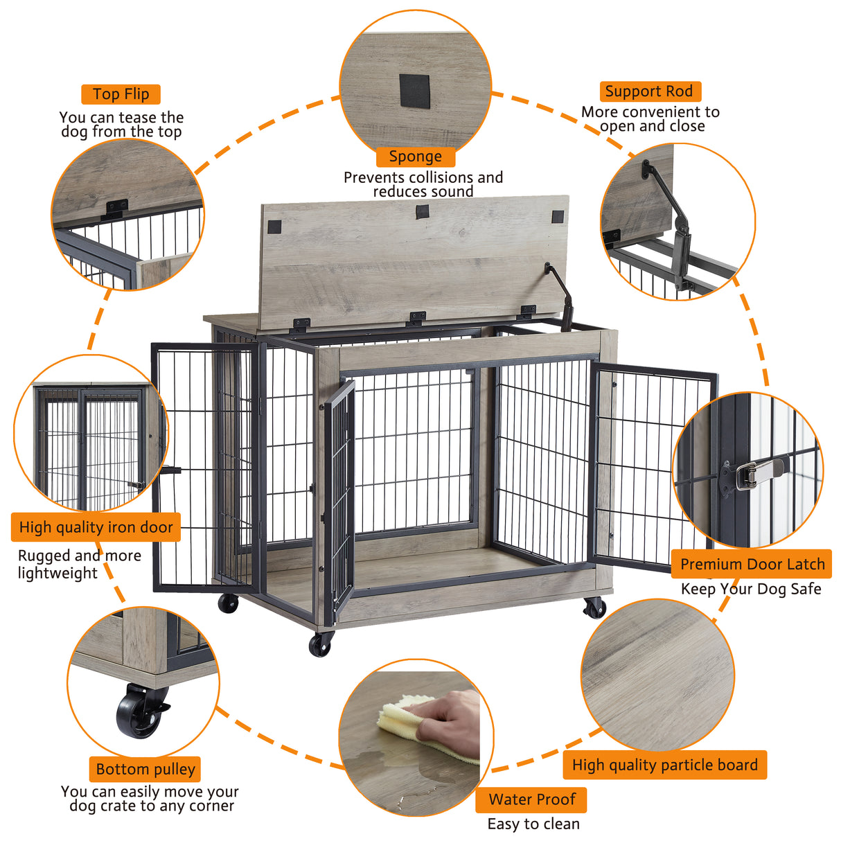 Furniture Dog Cage Crate with Double Doors on Casters. Grey, 31.50'' W x 22.05'' D x 24.8'' H. - V.I.P Digital Presence