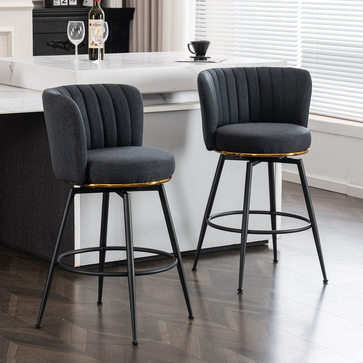 A set of 2 gray rotating bar stools - high backrest, adjustable, with elegant metal backrest decoration - V.I.P Digital Presence
