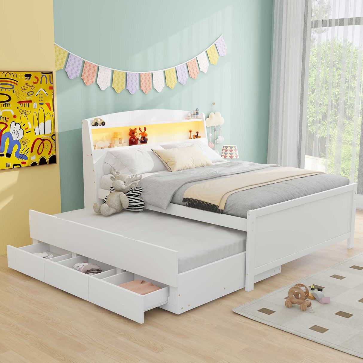 Full Size Platform Bed with Storage LED Headboard Twin Size Trundle and 3 Drawers White