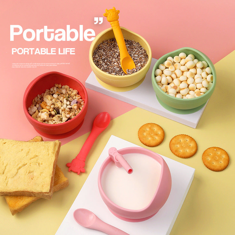 Cuenco de silicona completo para niños con ventosa para aprender a comer, cuenco de entrenamiento, cuchara, tenedor y plato para bebés con adsorción