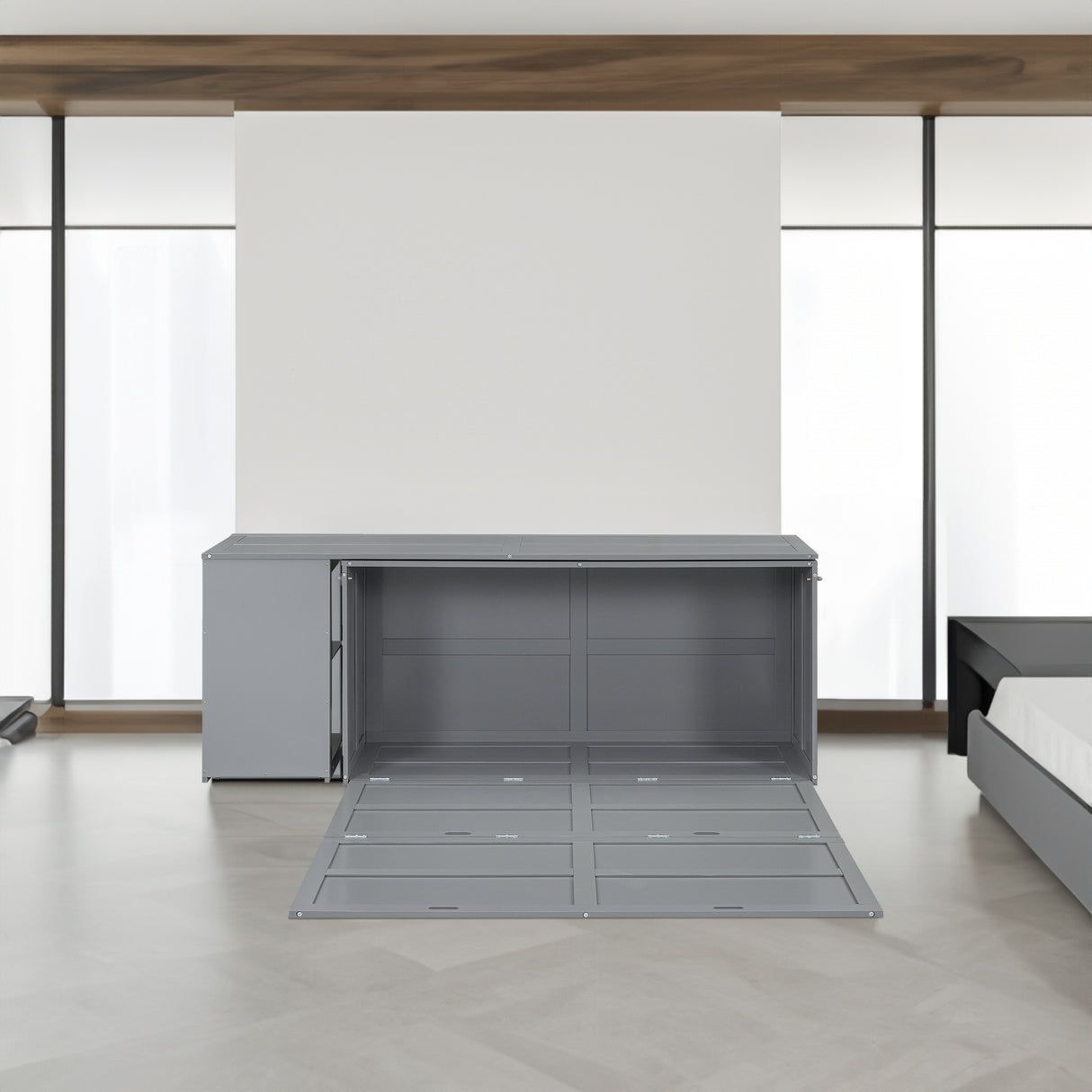 Queen Size Murphy Bed with Rotable Desk Gray