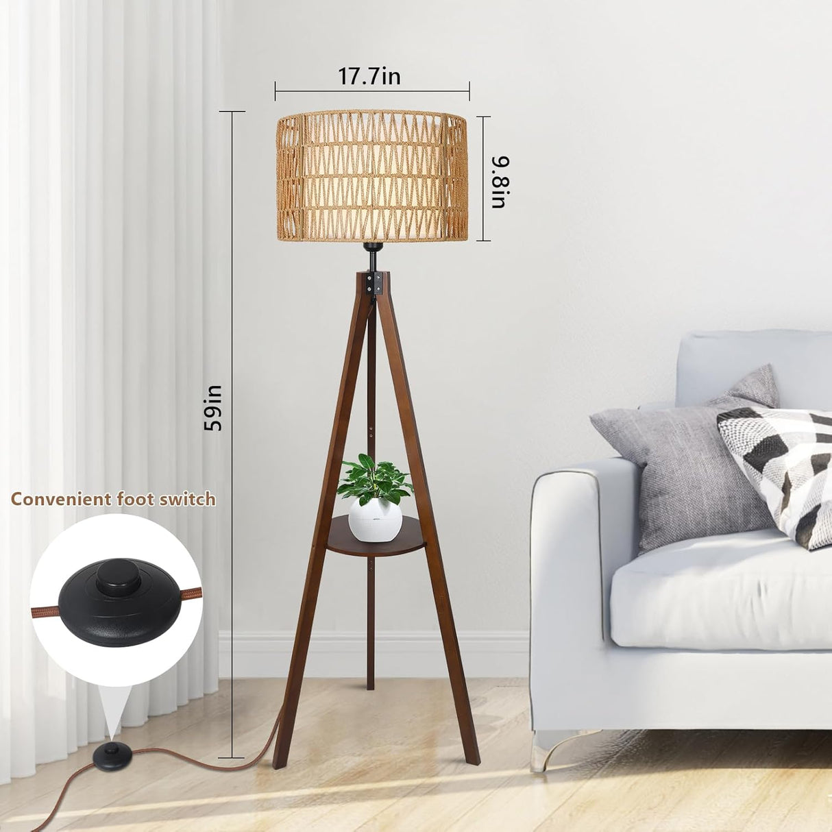 Boho Tripod Floor Lamp with Shelves, Mid Century Wood Standing Lamp with Rattan & Fabric Shades, ON/Off Foot Switch Office - V.I.P Digital Presence