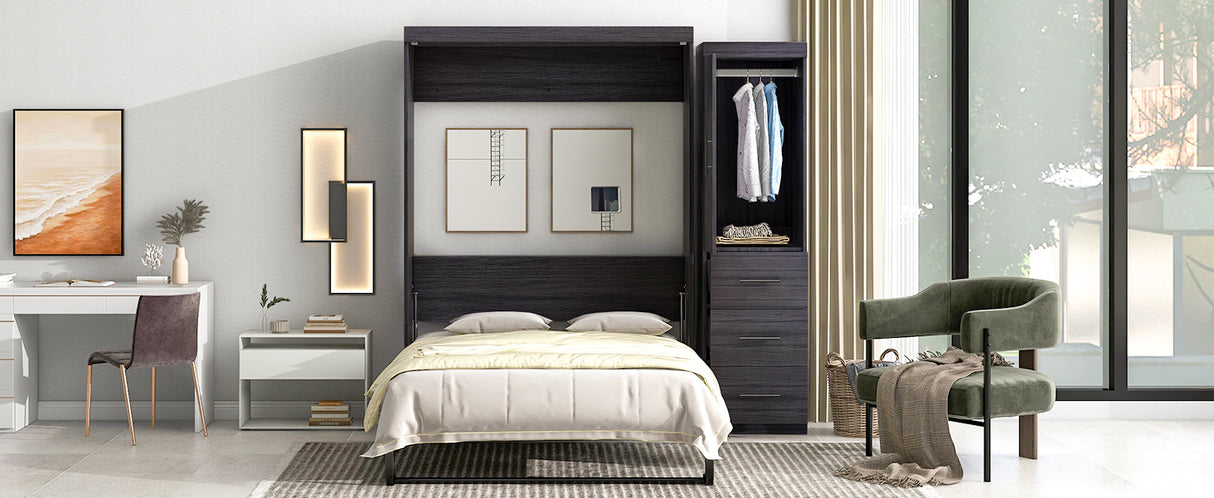 Full Size Murphy Bed with Wardrobe and Drawers, Storage Bed, can be Folded into a Cabinet, Gray - V.I.P Digital Presence
