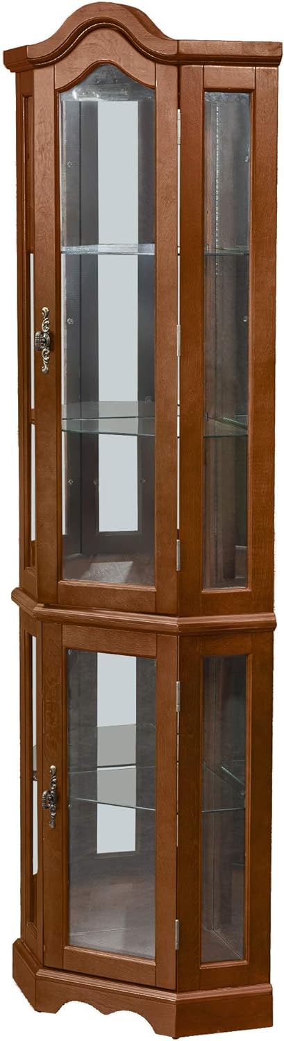 Corner Curio cabinet, adjustable tempered glass frame, rearview mirror, display cabinet, walnut wood (excluding E26 bulbs) - V.I.P Digital Presence