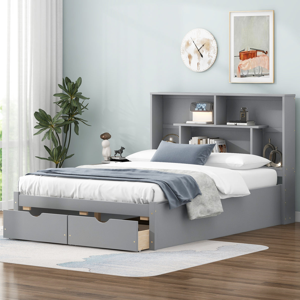 Full Size Platform Bed with Storage Headboard and 2 Drawers, Gray - V.I.P Digital Presence