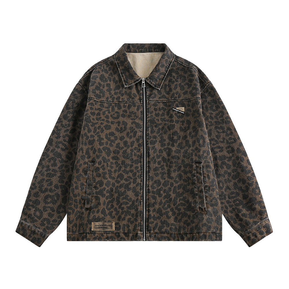 Leopard Print Denim Jacket Style Men's Punk Spring and Autumn Loose Casual Washed Open Front Zipper Collar Outerwear - V.I.P Digital Presence