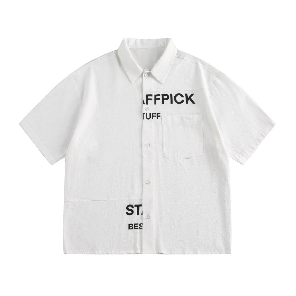 Alphabet Print Short Sleeve Shirt Workwear Japanese Style Loose Casual Design Summer Collar Shirt Men's Trendy - V.I.P Digital Presence