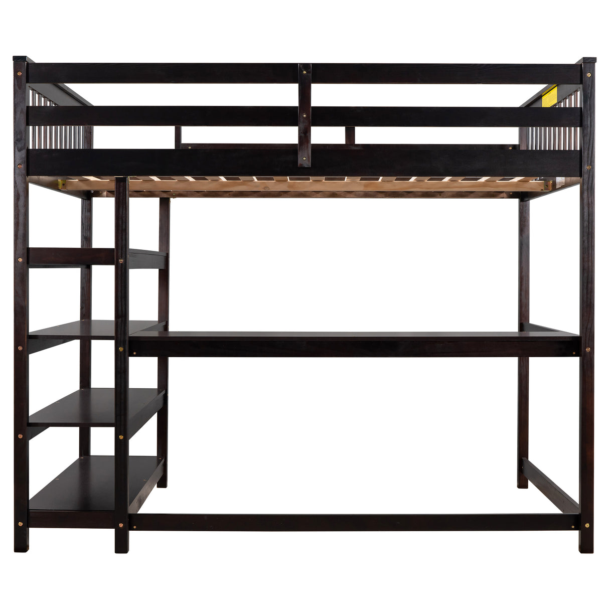 Full Size Loft Bed with Storage Shelves and Under-bed Desk Espresso