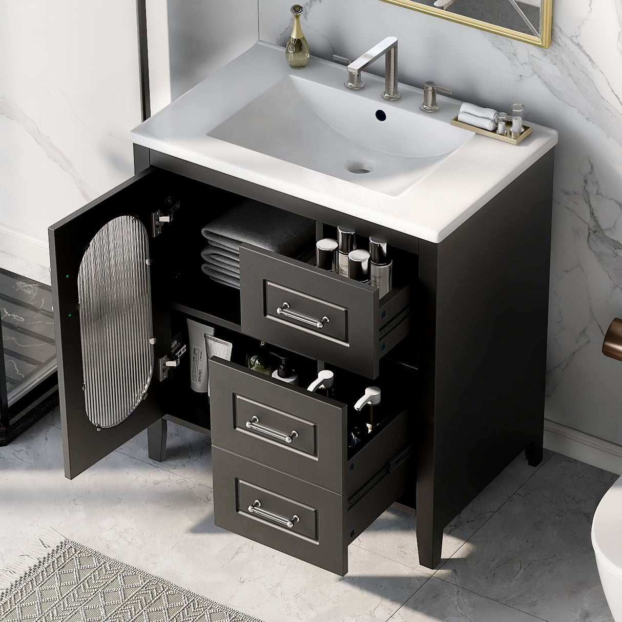 30" Bathroom Vanity with Sink, Bathroom Vanity Cabinet with Two Drawers and Door, Adjustable Shelf, Solid Wood and MDF, Black - V.I.P Digital Presence