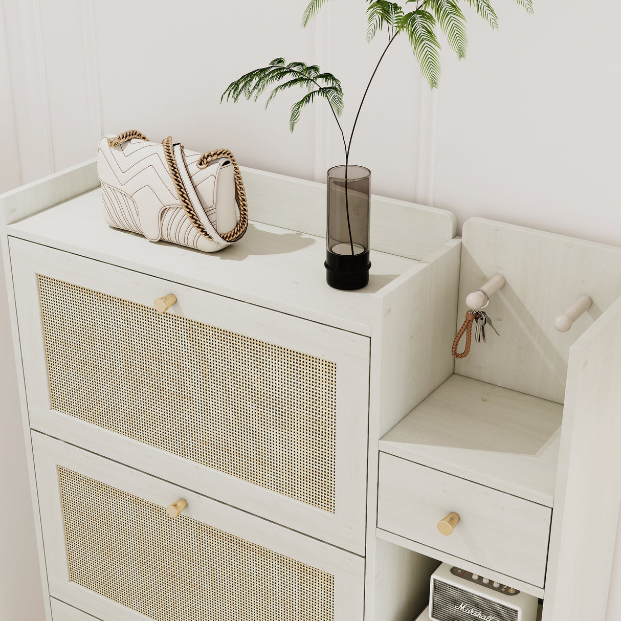 Natural Bohemian style shoe cabinet with 3 rattan flip drawers, 3 square shelves, and 1 storage drawer, white - V.I.P Digital Presence