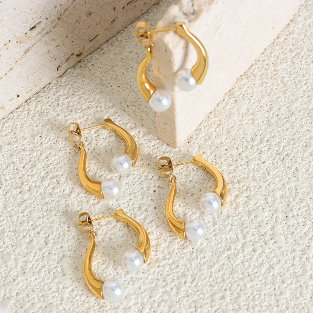 Elegant split design with high gloss pearl inlay simple titanium steel gold-plated earrings - V.I.P Digital Presence