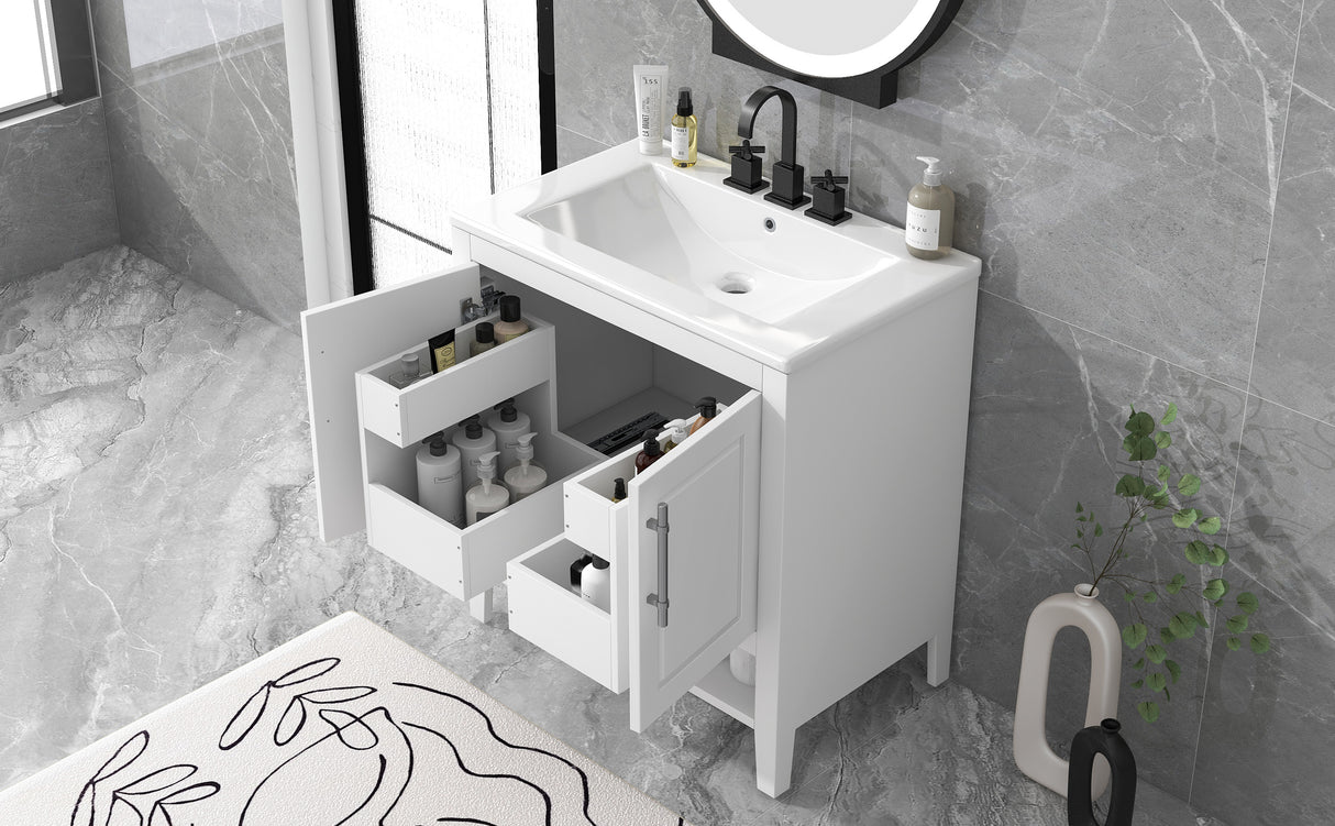 30" Bathroom Vanity with Sink Multi-functional Bathroom Cabinet with Doors and Drawers Solid Frame and MDF Board, White - V.I.P Digital Presence