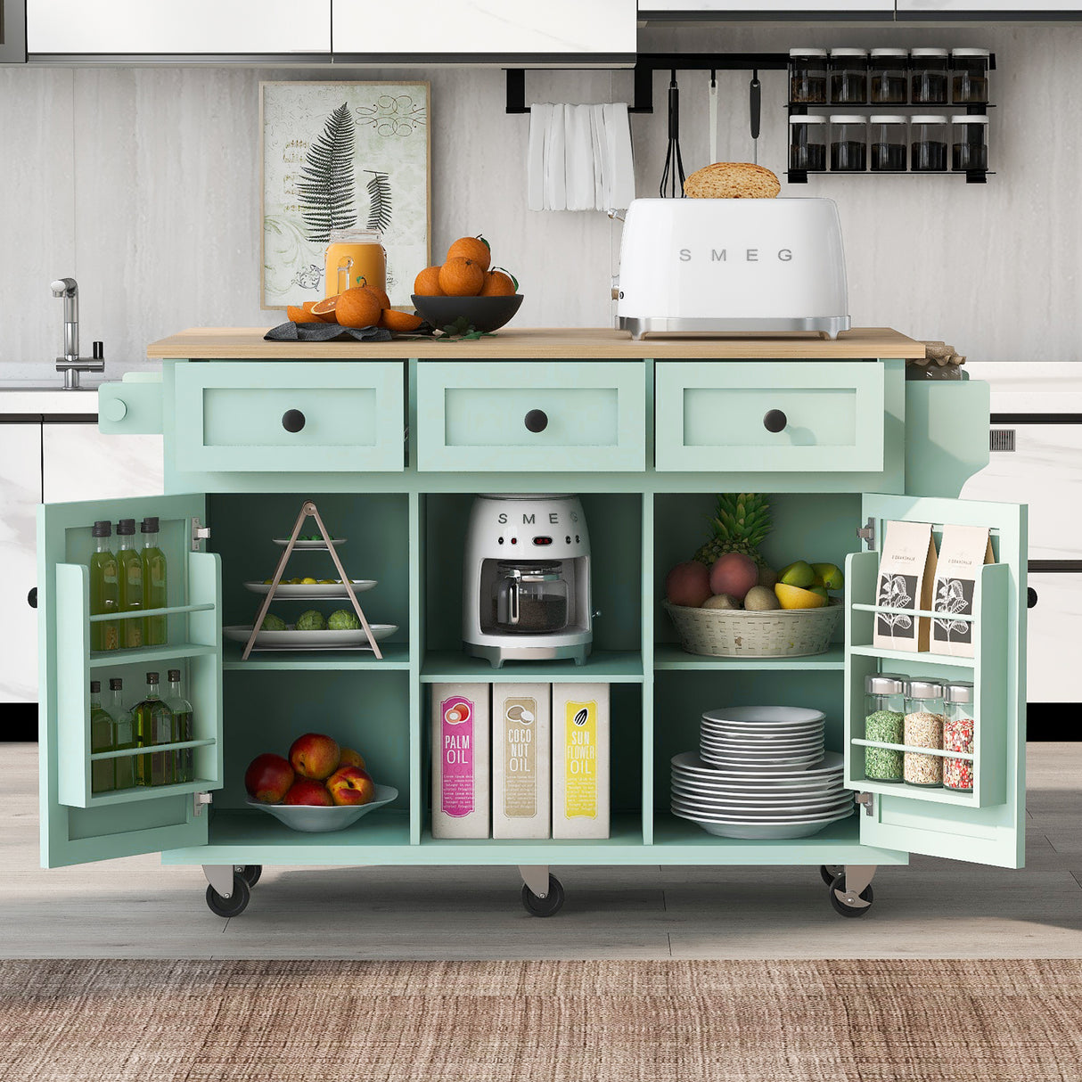 Kitchen trolley, cabinet door internal storage rack with storage cabinet and 3 dining room drawers, mint green - V.I.P Digital Presence