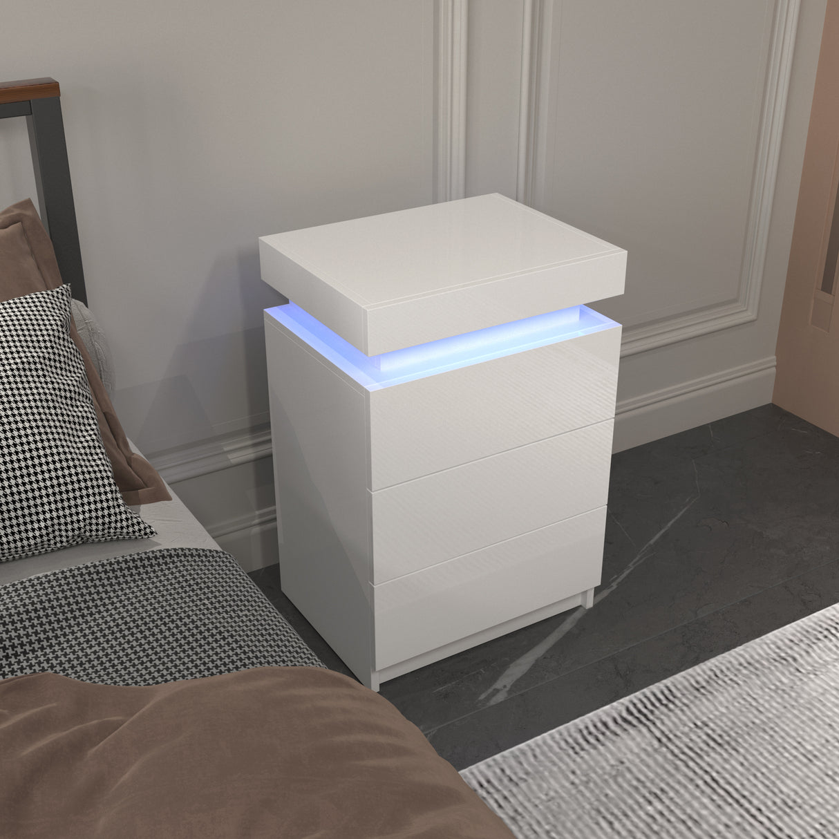 LED White Nightstand With 3 Drawers, Modern Multi-Colour LED Night Table Bedside Tables for Bedroom, Living Room - V.I.P Digital Presence