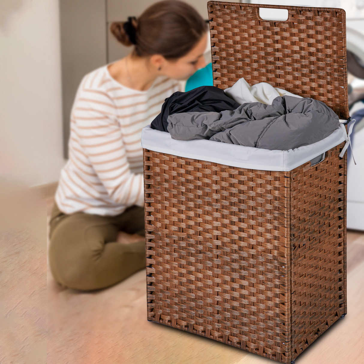 Laundry Hamper With Lid PE Rattan Powder Coating Frame Clothes Hampers with 02 Removable Bags, 100L, Brown Color - V.I.P Digital Presence