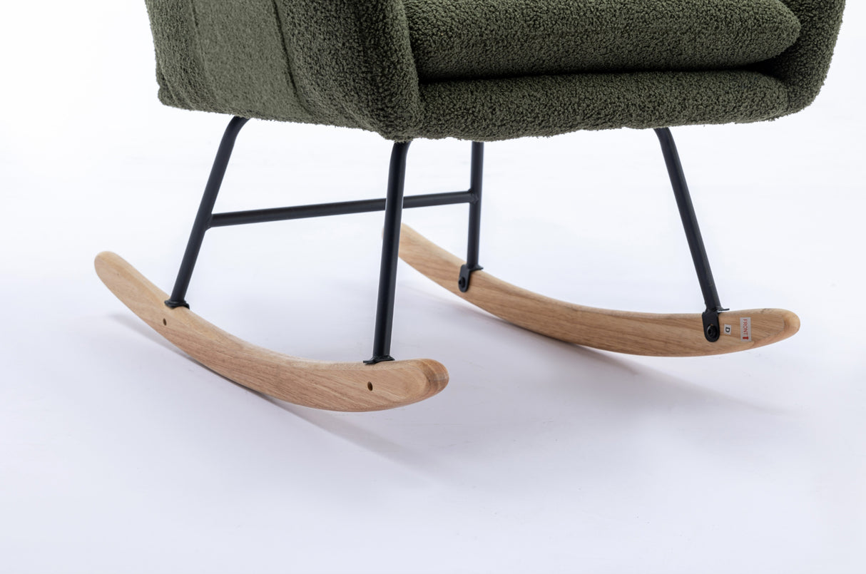 35.5-inch soft Teddy fabric rocking chair with pockets, comfortable wing straps, secure solid wood base (dark green)