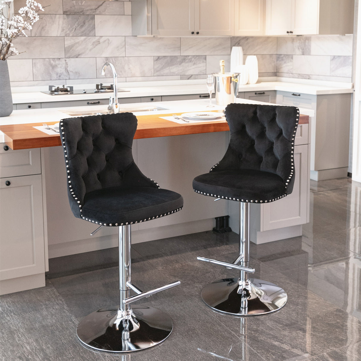 25-33 Inch, Modern Upholstered Chrome base Bar Stools with Back Comfortable Tufted for Home Pub and Kitchen Island(Black,Set of