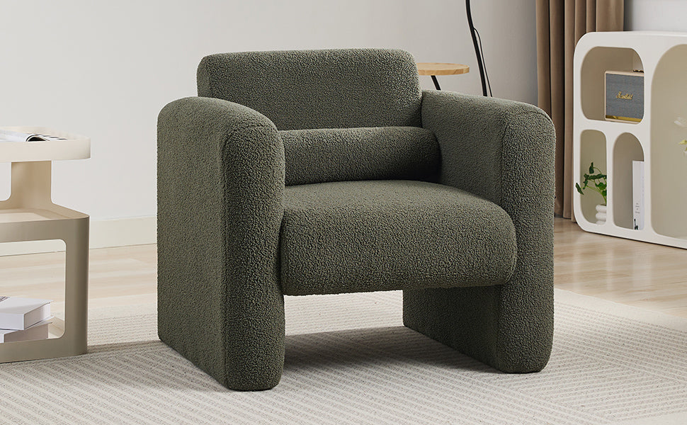 Modern style chair with sheepskin Sherpa fabric soft cushion, comfortable armchair, soft with backrest and pillow, seaweed green - V.I.P Digital Presence