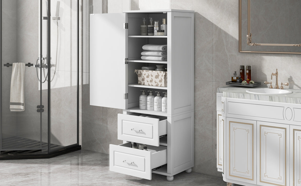 Tall bathroom storage cabinet with two drawers and adjustable shelves for independent storage - V.I.P Digital Presence