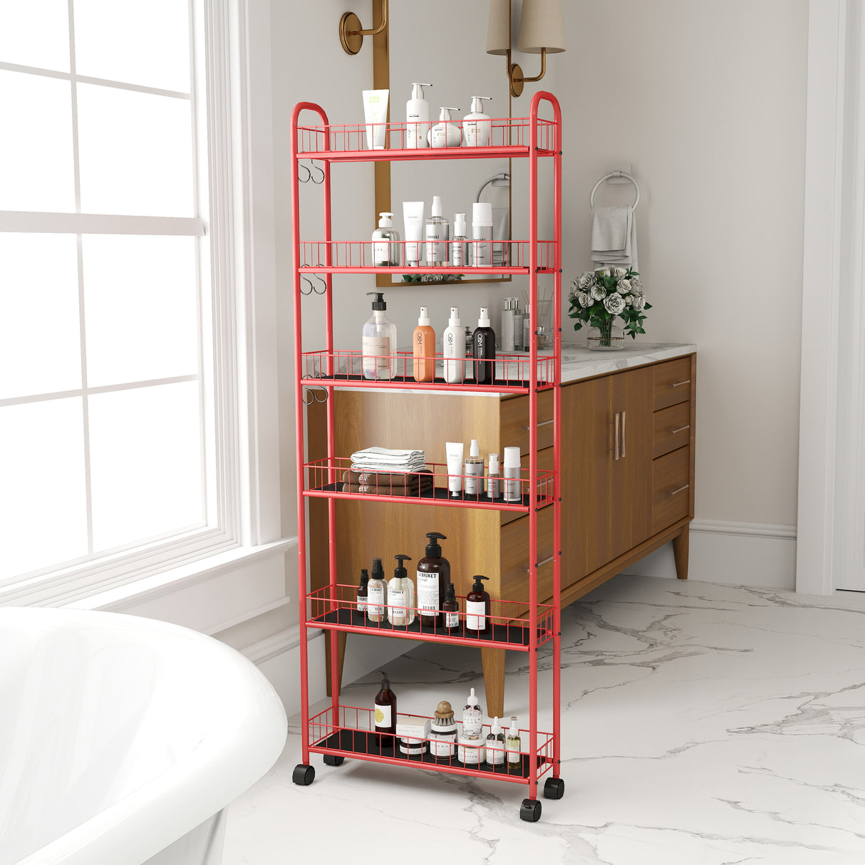 Red 6-story rolling cart gap kitchen ultra-thin sliding out storage tower shelf with wheels, 6 baskets - V.I.P Digital Presence