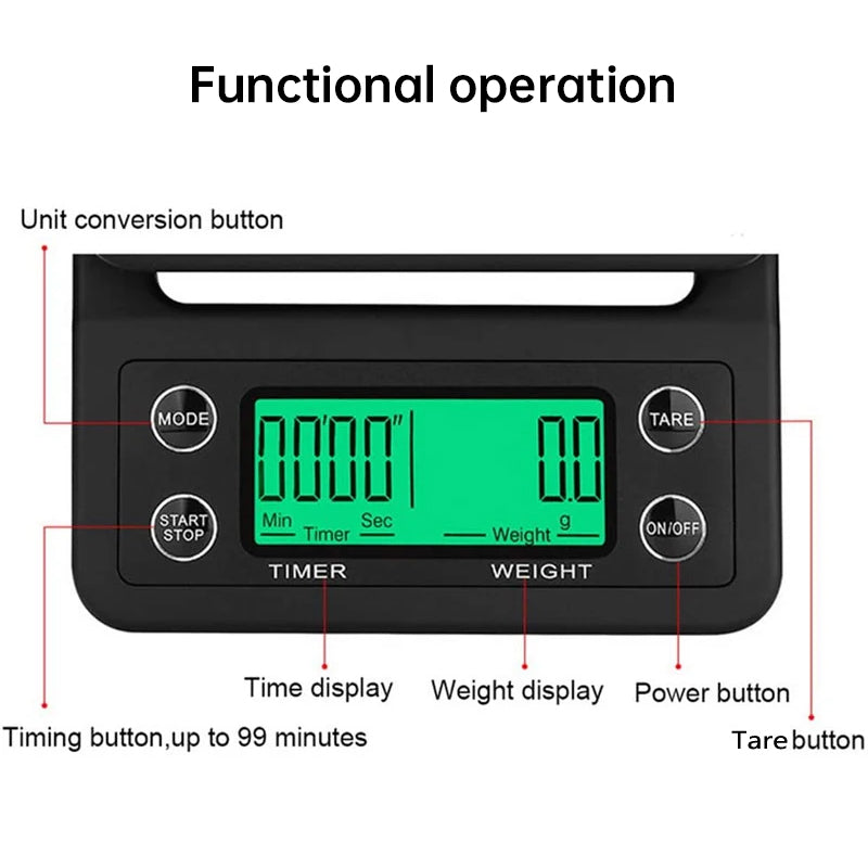 Digital kitchen coffee scale with timer, high - precision LCD, 5kg/0.1g - V.I.P Digital Presence