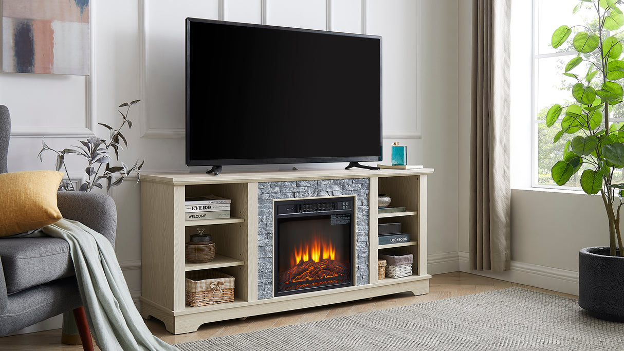 Mantel electric fireplace stone TV media stand, open storage console space, with 18 inch fireplace insert, white - V.I.P Digital Presence