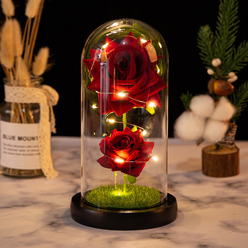 Christmas Valentine's Day Birthday Gift Two Roses Glass Cover Ornament LED Light Simulation Immortal Flower - V.I.P Digital Presence
