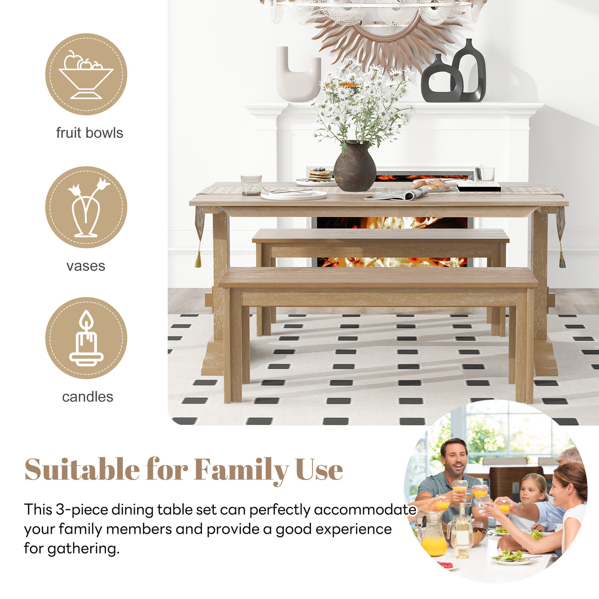 TREXM 3-piece retro dining table, rectangular stand table, and 2 4-person wooden stools (made of natural wood) - V.I.P Digital Presence