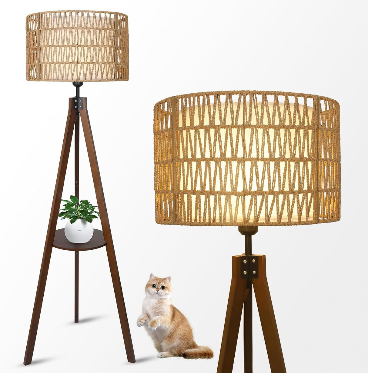 Boho Tripod Floor Lamp with Shelves, Mid Century Wood Standing Lamp with Rattan & Fabric Shades, ON/Off Foot Switch Office - V.I.P Digital Presence