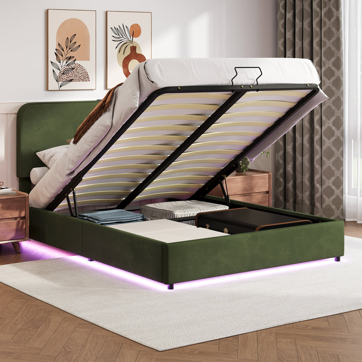 Large hydraulic storage bed with soft cushion lifting storage bed with RGB LED lights, Bluetooth speaker lychee velvet, green - V.I.P Digital Presence