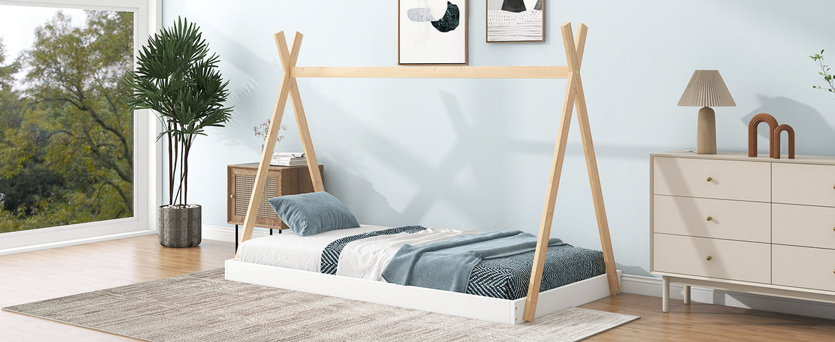 Twin Size Tent Floor Bed with Triangle Structure White+Natural