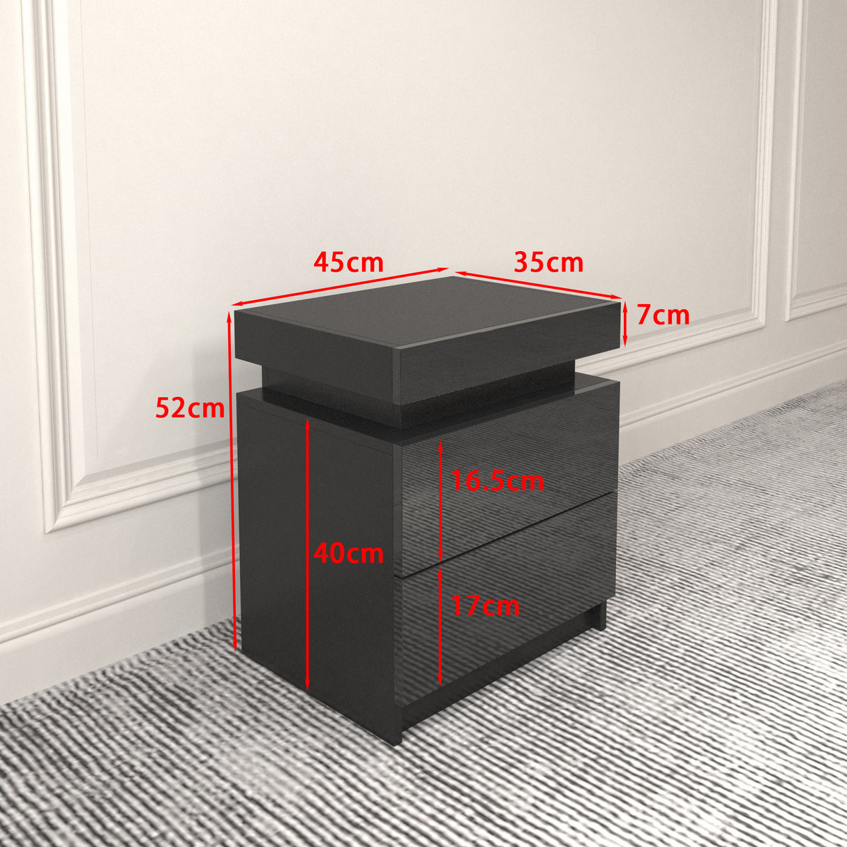 Modern Black LED Nightstand with Led Lights Bedside table with 2 High Gloss Drawers for Bedroom - V.I.P Digital Presence