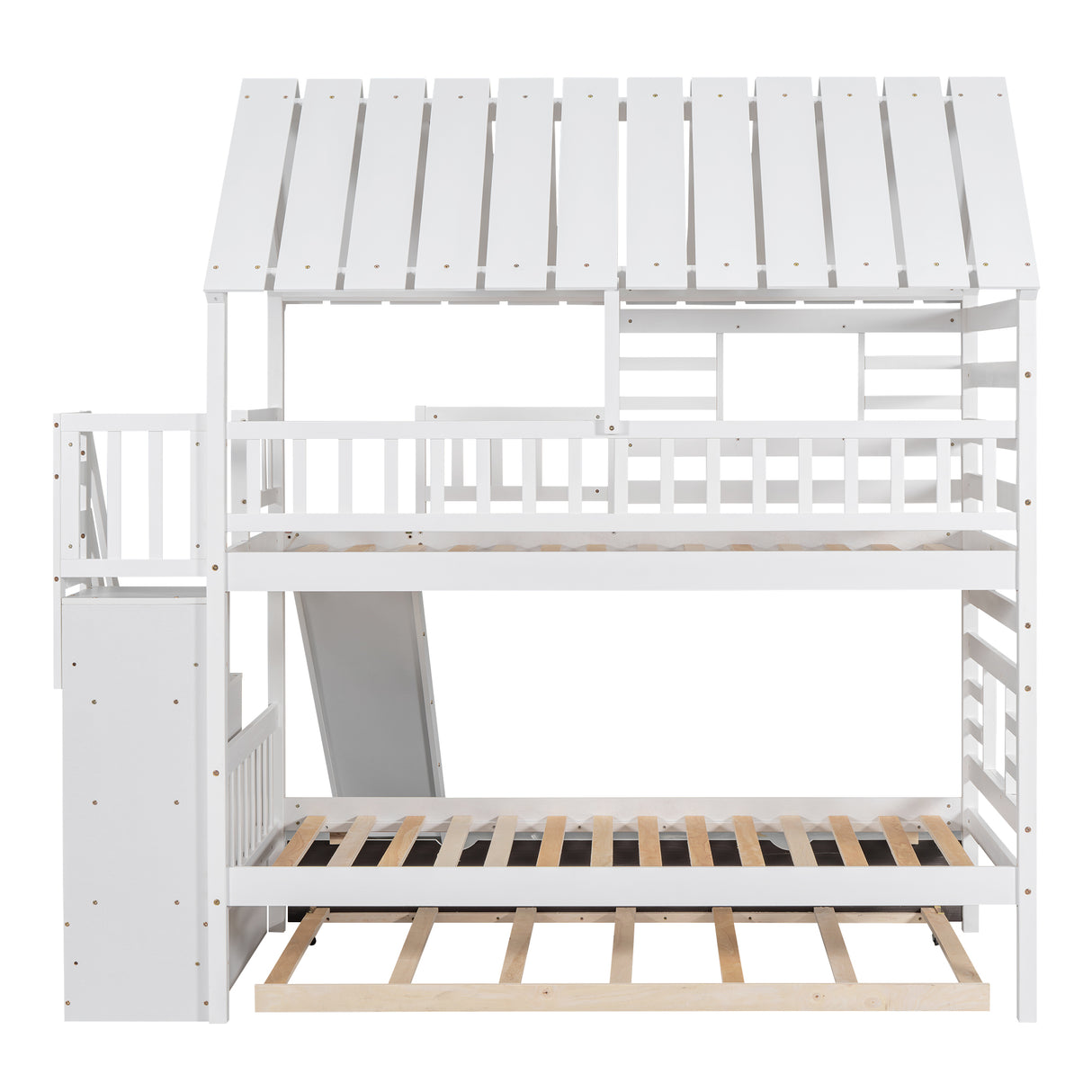 Twin over Twin House Bunk Bed with Trundle and Slide Storage Staircase Roof and Window Design White