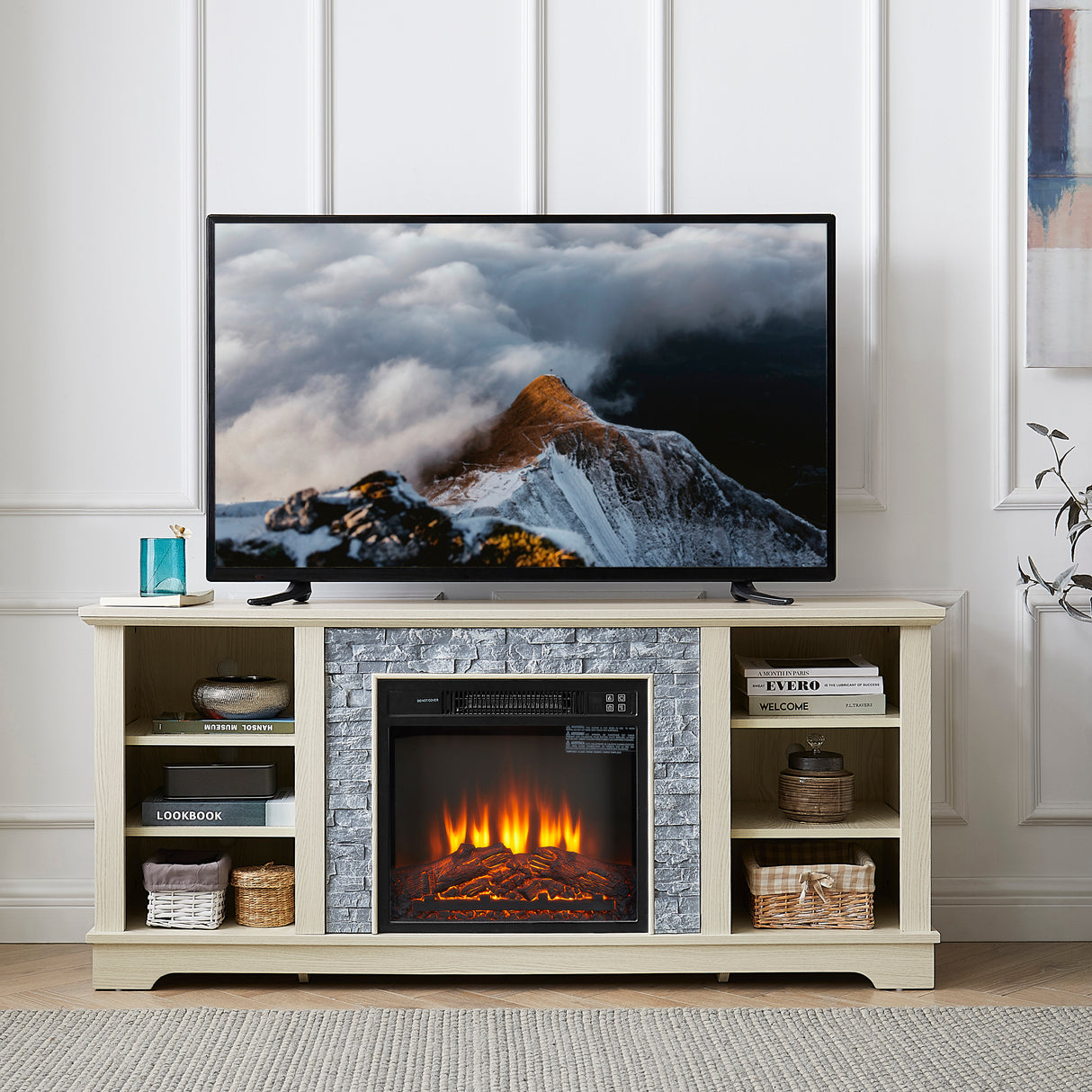 Mantel electric fireplace stone TV media stand, open storage console space, with 18 inch fireplace insert, white - V.I.P Digital Presence