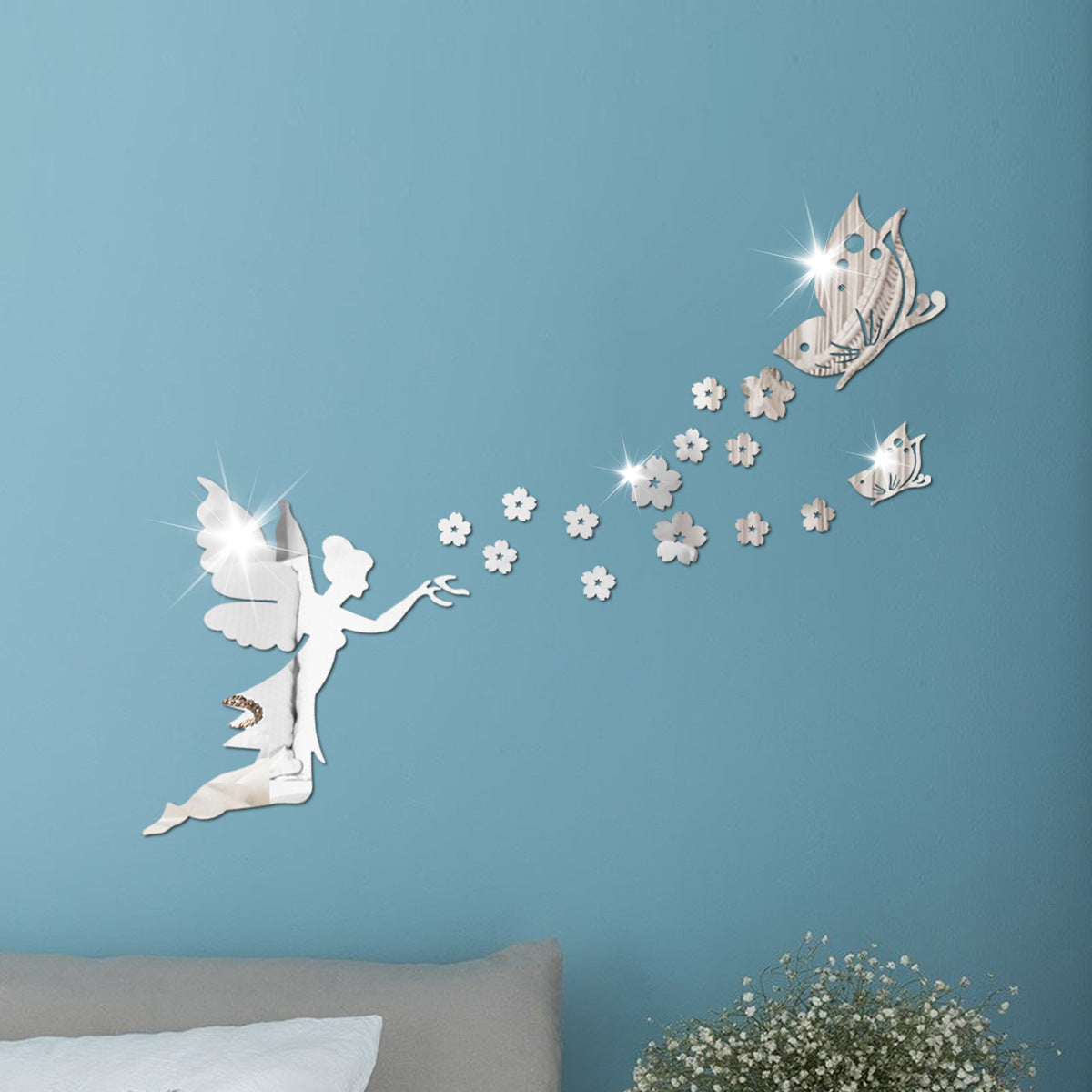 Angelic Flying Mirror Wall Stickers, Fairy Scattering Flowers Acrylic DIY Decorations for Living Room and Dining Room, New Arrival Butterfly and Flower Designs - V.I.P Digital Presence