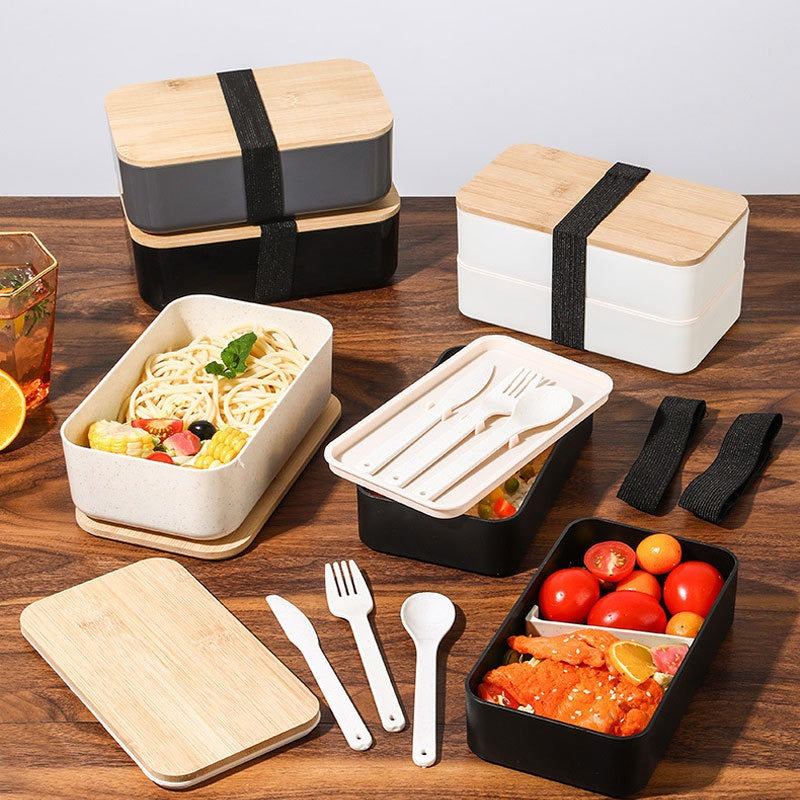 Wheat straw lunch box, Japanese style wooden lid bento box, household compartment, microwave oven lunch box, fresh-keeping box - V.I.P Digital Presence