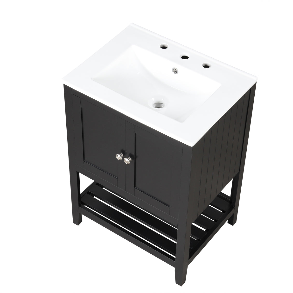 24" Black Modern Sleek Bathroom Vanity Elegant Ceramic Sink with Solid Wood Frame Open Style Shelf - V.I.P Digital Presence
