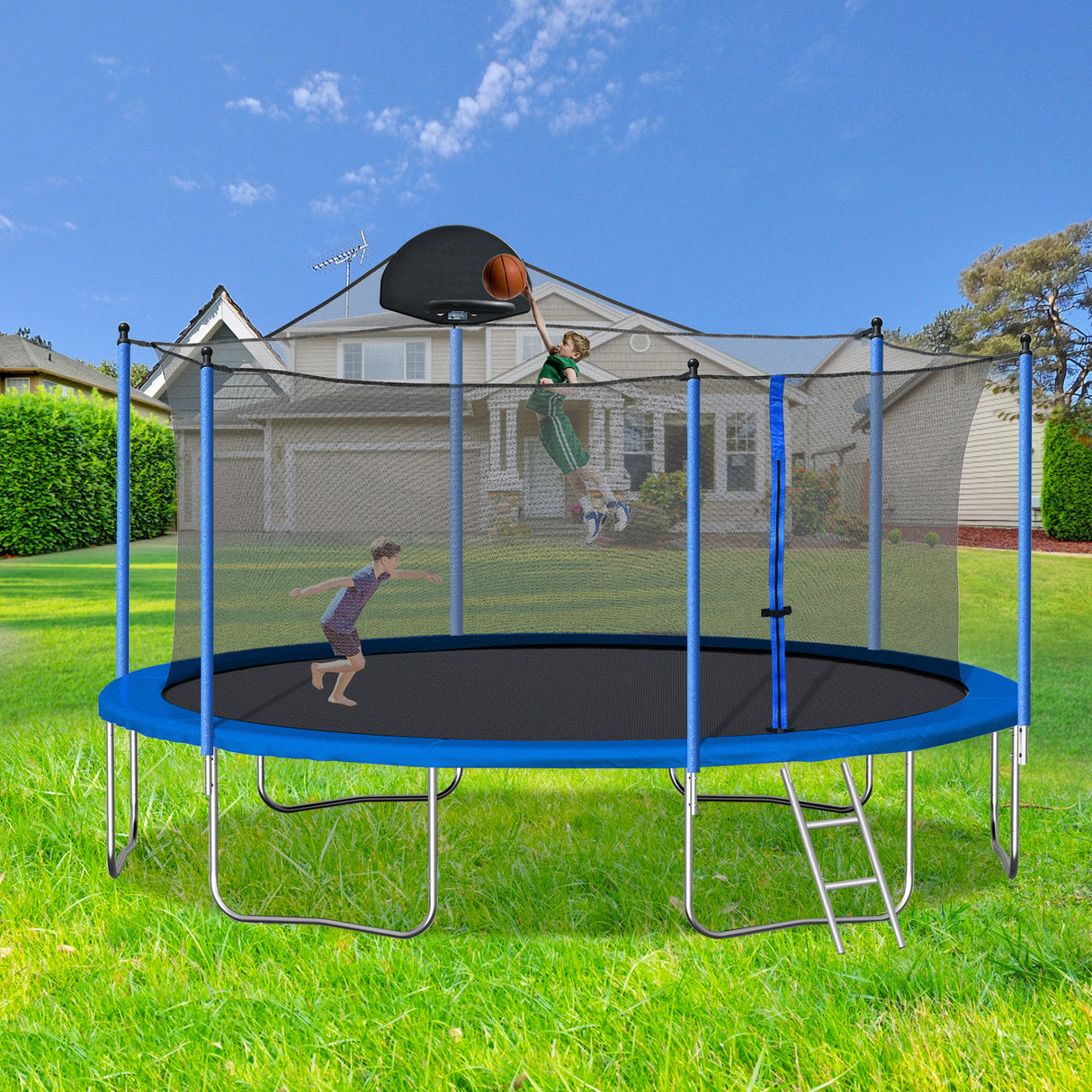 14FT Trampoline for Adults & Kids with Basketball Hoop, Outdoor Trampolines w/Ladder and Safety Enclosure Net for Kids and Adult - V.I.P Digital Presence