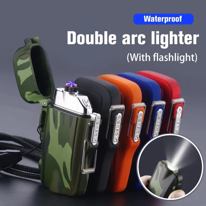 Outdoor Dual Plasma Arc Lighter With Flashlight Waterproof USB Electric Cigarette Lighter Hiking Starter Turbo lighter Men Gifts - V.I.P Digital Presence