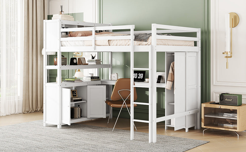 Wood Loft Bed with Cabinet and Bookshelf, Full Size Loft with Wardrobe and Desk for Kids,White - V.I.P Digital Presence