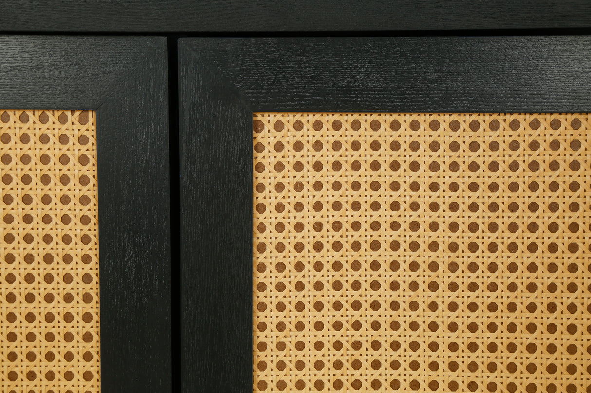 Handcrafted Premium Grain Panels Rattan Sideboard Buffer Cabinet Accent Storage Cabinet With 4 Rattan Doors BLACK - V.I.P Digital Presence