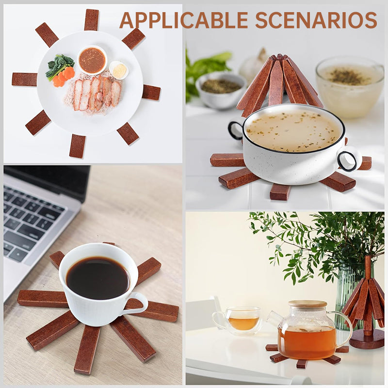 A set of tree - shaped wooden items including 4 trivets for hot dishes, pots, and pans, along with 1 stand. - V.I.P Digital Presence